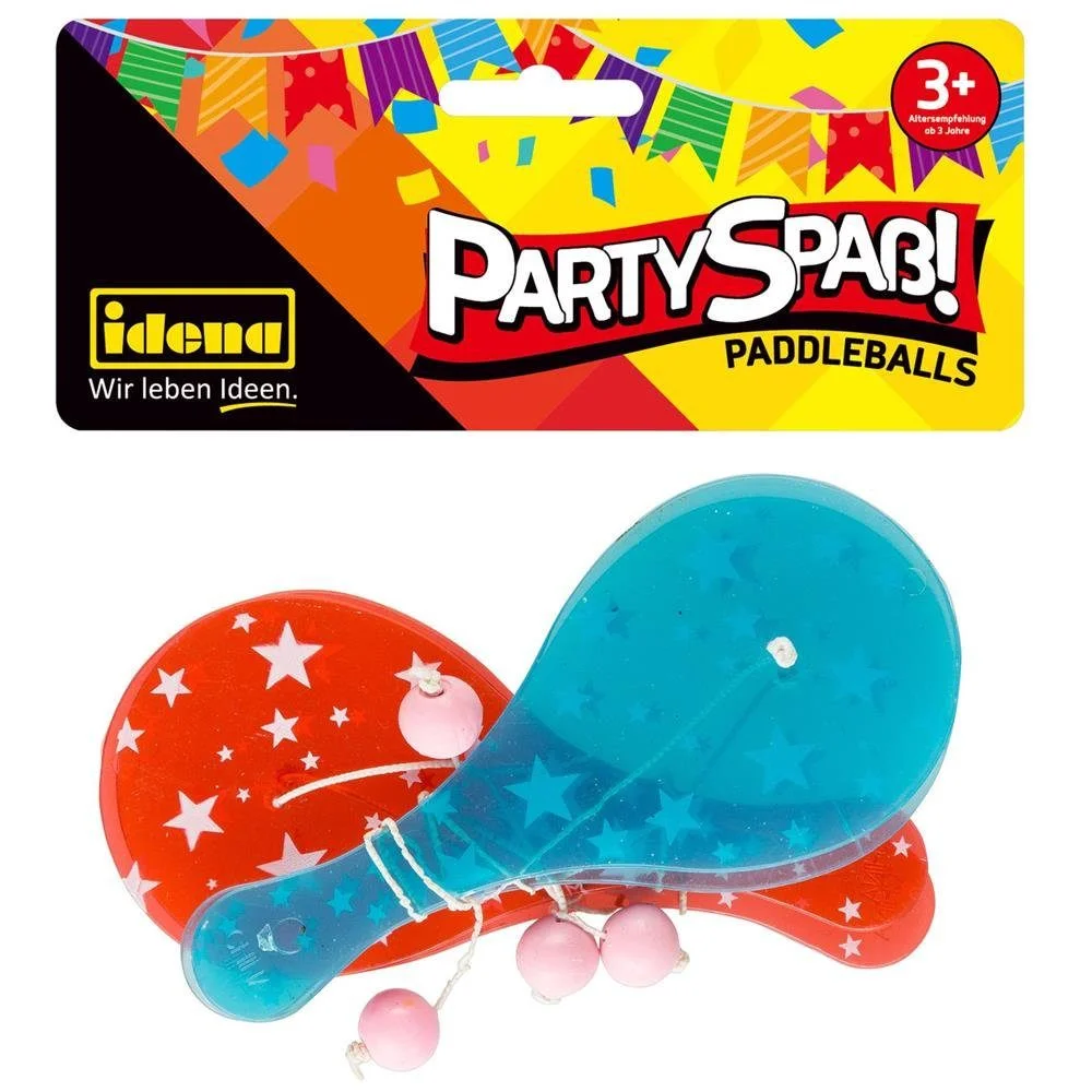 Partyspaß Paddleballs – 4 Stück, mit Kunststoff-Schlägern in rot und blau